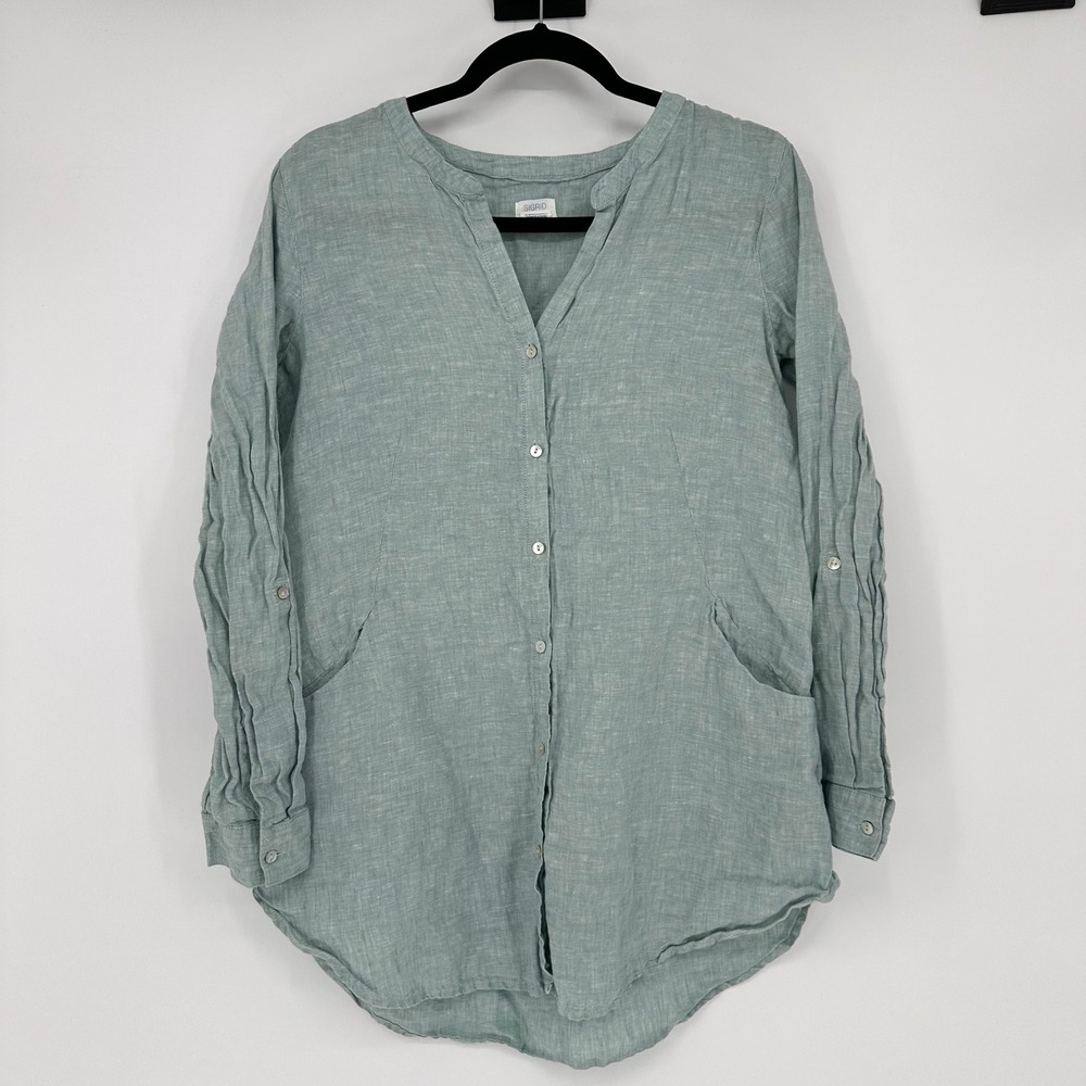 Sigrid Olsen 100% Linen Button Up Tunic Roll Tab Top Lagenlook Coastal Boho S